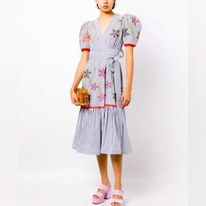 Silvia Tcherassi Nicola Floral-Embroidered Striped Midi Wrap Dress